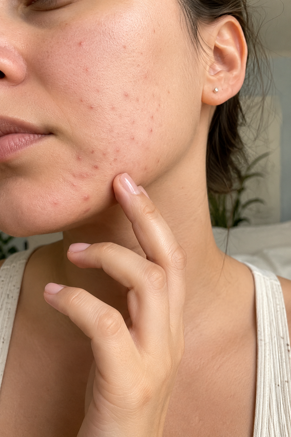 Female Face with visible acne spots and scaring  - zoom in on cheek and jawline 
