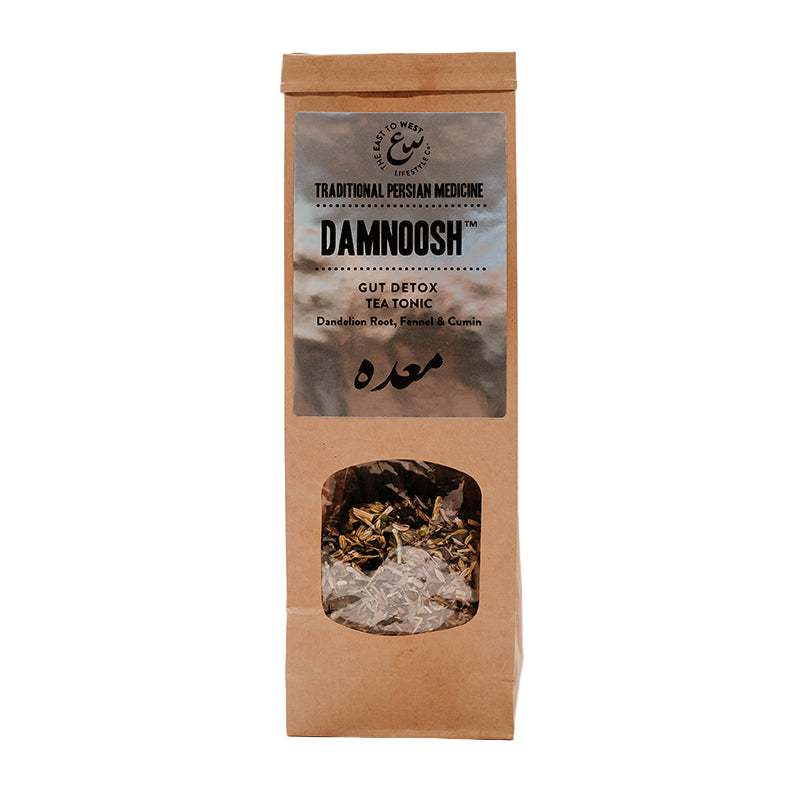 Damnoosh Gut Detox tea  in a traditional paperbag and window showing the loose tea 