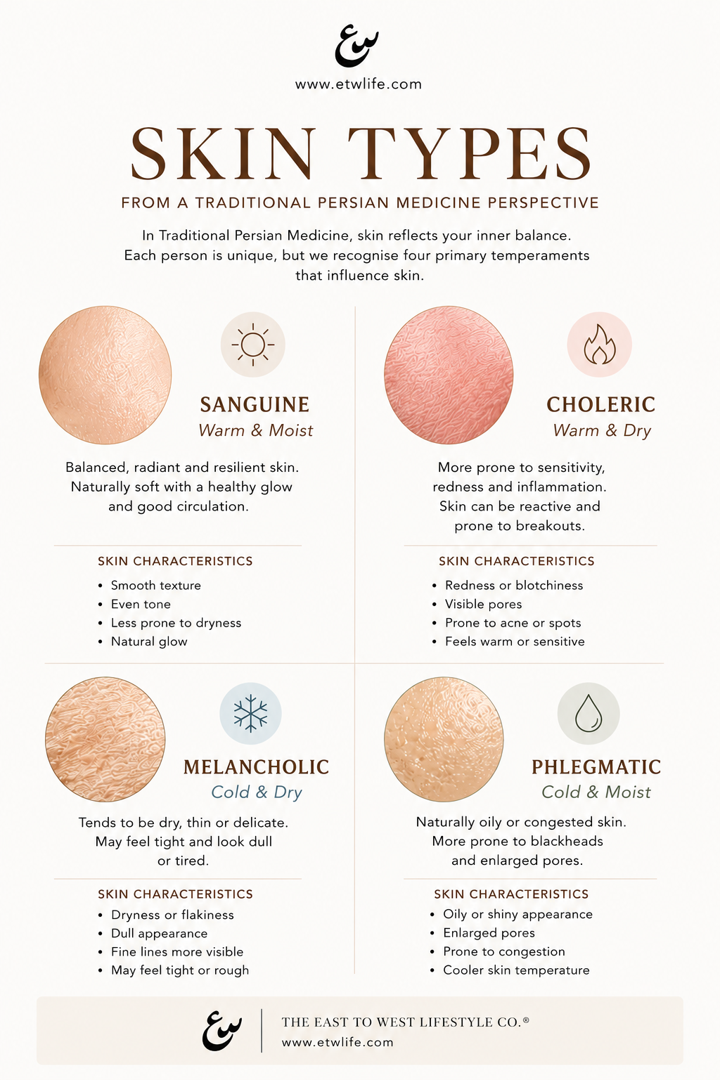 Chart showcasing the differnt skin types from a Traditonal Persian Medicine Prespective 